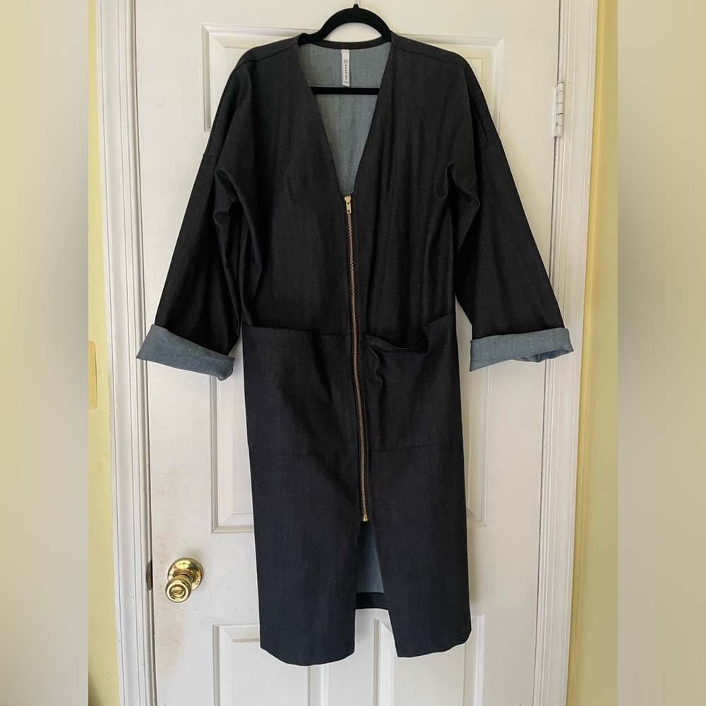 Denim trench coat from Garnish, sustainable brand based in Portland Oregon